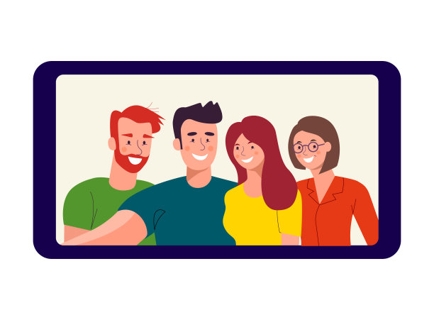 年轻男女在自拍。一群年轻人的照片。矢量平面样式插图图片下载