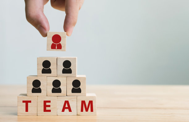 人力资源管理和招聘业务团队理念。手把木方块放在金字塔的顶部图片下载