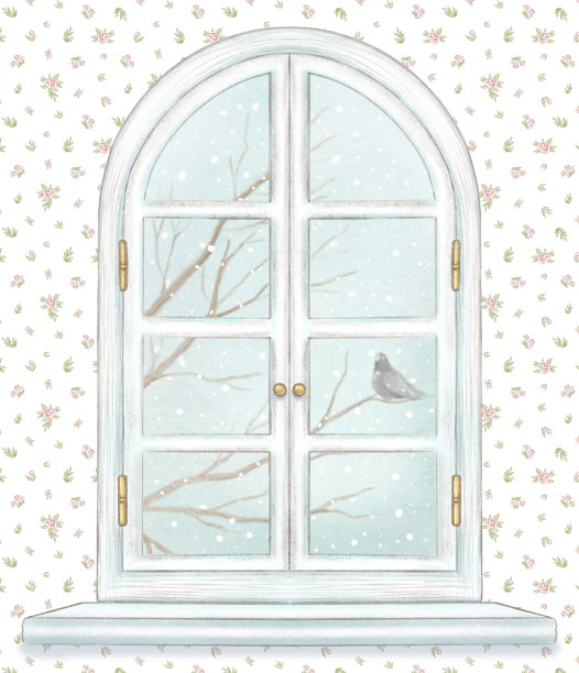 水彩和铅笔窗与冬季景观图片下载