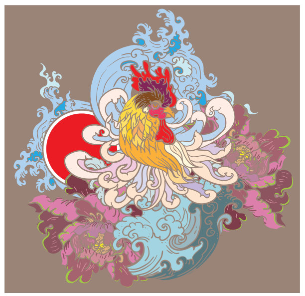 手绘鸡头纹身和轮廓。手绘的Hen矢量。中国幸运的动物图片下载