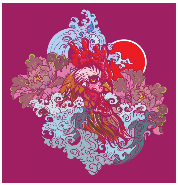 手绘鸡头纹身和轮廓。手绘的Hen矢量。中国幸运的动物图片下载