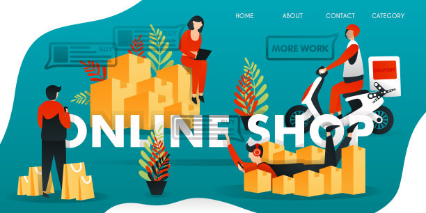 平坦的卡通人物。矢量插图技术。那些收到很多包裹或盒子的人。在“网上商店”订购。骑摩托车送快递的快递员。买家通过互联网购买。可以用于，登陆页，模板，ui，网页，首页海报图片下载