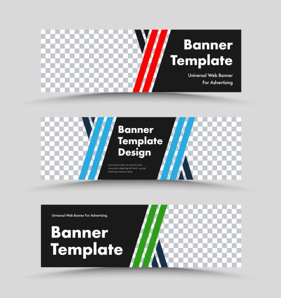 水平矢量黑色网页横幅模板与对角线颜色线和照片的地方。图片下载