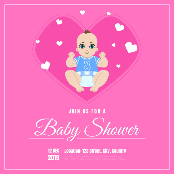 婴儿淋浴邀请模板，粉红色卡片可爱的婴儿在尿布和地方为您的文本矢量插图图片下载