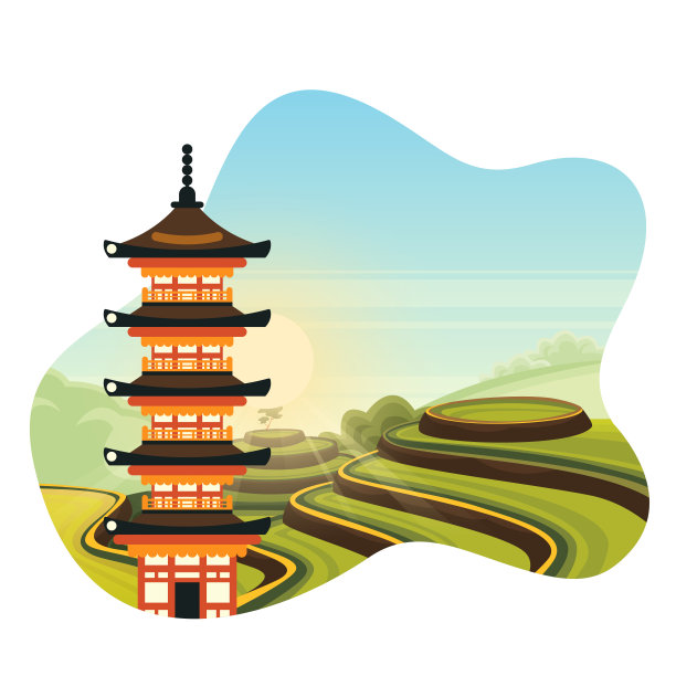 中国彩色宝塔的背景是稻田。旅行到中国隔离病媒平面卡通插图。图片下载