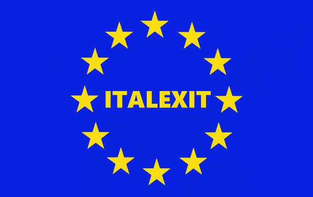 位于欧盟旗帜中间的“Italexit”一词，让人联想到退出共同体和欧元区图片下载