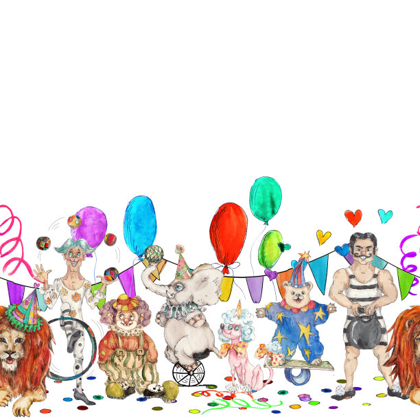 马戏团人物复古水彩画无缝图案插图图片下载