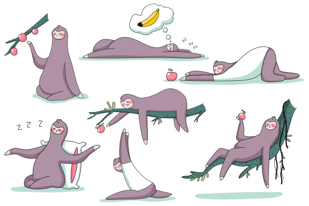 可爱的树懒动物矢量卡通人物设置孤立的白色背景。图片下载