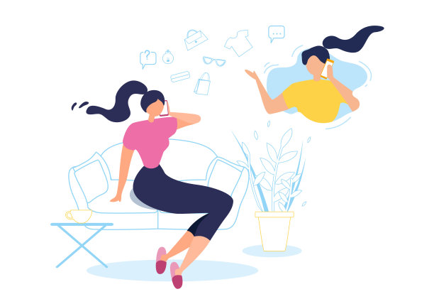 卡通女人在家里讲手机坐在沙发上图片下载