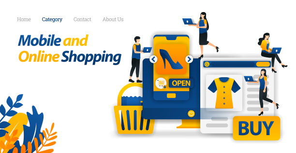 仅通过移动和网上购物或电子商务购买需求和生活方式。矢量插图，平面图标风格适合Web着陆页，横幅，传单，贴纸，墙纸，卡片，背景，UI。平面卡通风格用于网络广告、营销、推广图片下载