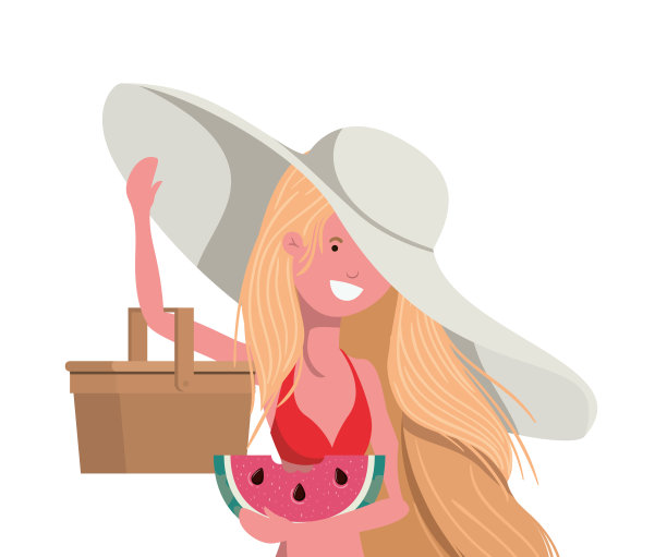 一个穿着泳衣，手里拿着西瓜的女人图片下载