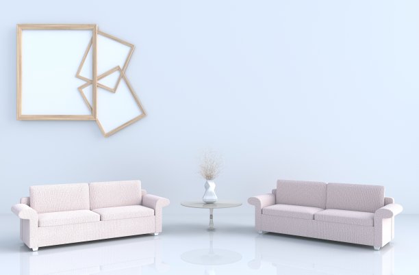 温暖的白色房间装饰瓷砖地板，地毯，树枝，沙发。阳光透过窗户照进阴影里。3 d渲染。图片下载