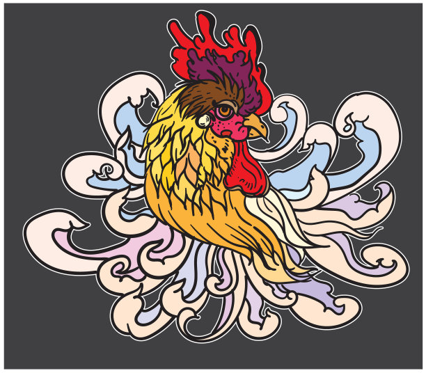 手绘鸡头纹身和轮廓。手绘的Hen矢量。中国幸运的动物图片下载