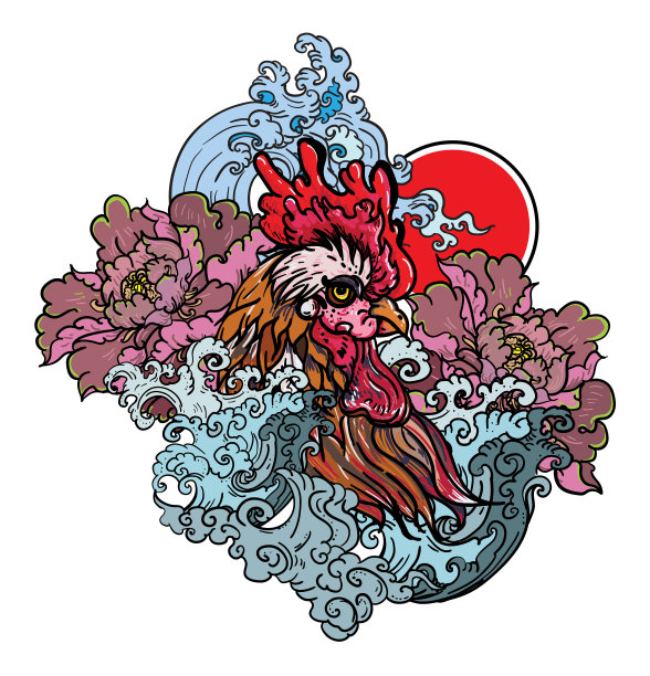 手绘鸡头纹身和轮廓。手绘的Hen矢量。中国幸运的动物图片下载