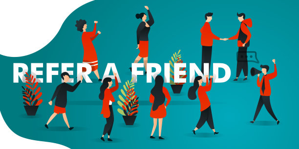 平坦的卡通人物。矢量插图商业，营销，网络，海报，ui，宣传册。有百万通的人推荐朋友。有兴趣的举手。两个男人握手表示同意。可以使用，登陆页，模板，ui, web图片下载