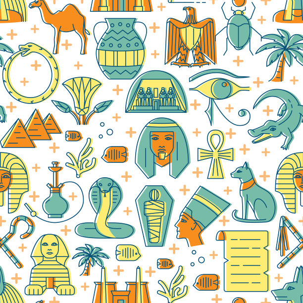 埃及无缝图案的彩色线条风格图片下载