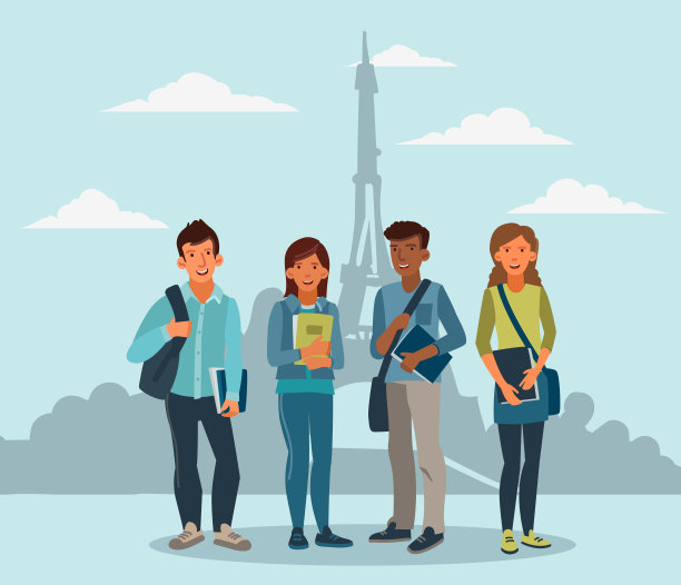 巴黎，一群带着笔记本微笑的学生站在那里图片下载