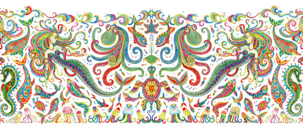 无缝边框图案的彩色手绘童话海洋动物和美人鱼。水彩幻想鱼，章鱼，海贝壳，泡沫在白色的背景。蜡染流苏，纺织印花图片下载