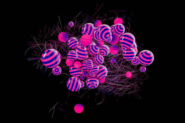 3D抽象光泽条纹球在黑色背景图片下载