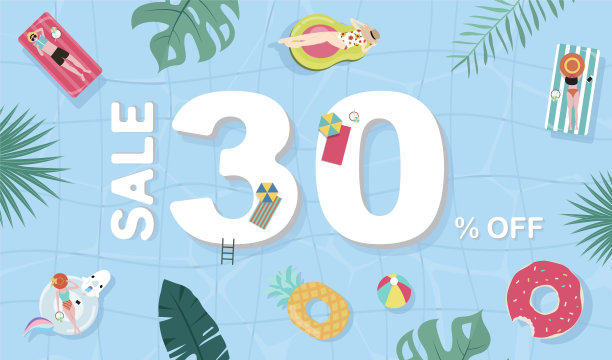 夏季销售背景有小人、伞、球、浮在俯视图池。向量夏天横幅图片下载