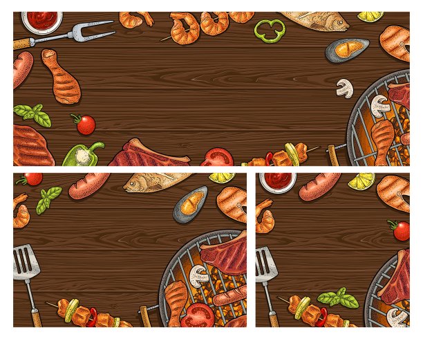 模板餐厅或咖啡馆烧烤海报。彩色矢量复古雕刻图片下载