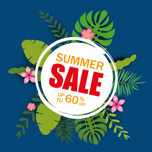 夏季促销模板横幅，海报与棕榈叶，丛林叶。热带花卉夏季背景。矢量图模板图片下载