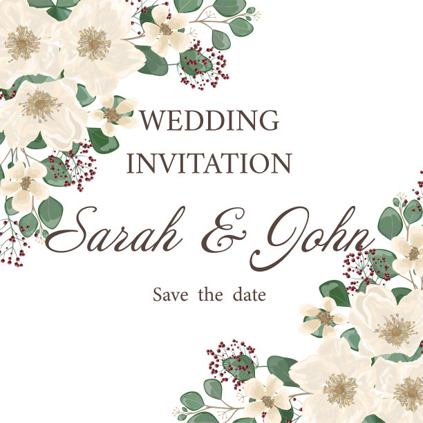 婚礼请帖叶与花，水彩，孤立上白。图片下载