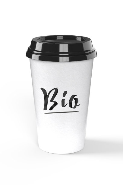 逼真的咖啡外带杯模型与手写生物字母-孤立的包装模板易于定制，3D渲染在白色背景图片下载