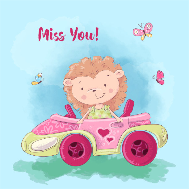 汽车上有一只可爱的刺猬的卡通插图。矢量图图片下载