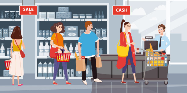 超市或商店内部设有货架和商品、杂货、收银台和收银台。男女买家，购物车产品。大的购物中心。矢量，插图，孤立，卡通风格图片下载