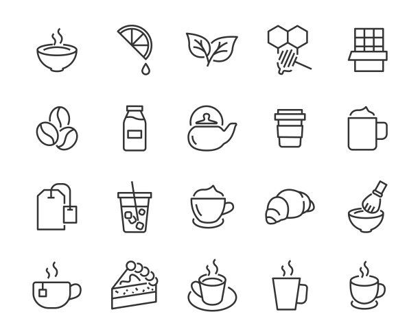 一套咖啡系列图标，如茶，抹茶，柠檬，可可，牛奶，奶油，壶，饮料图片下载