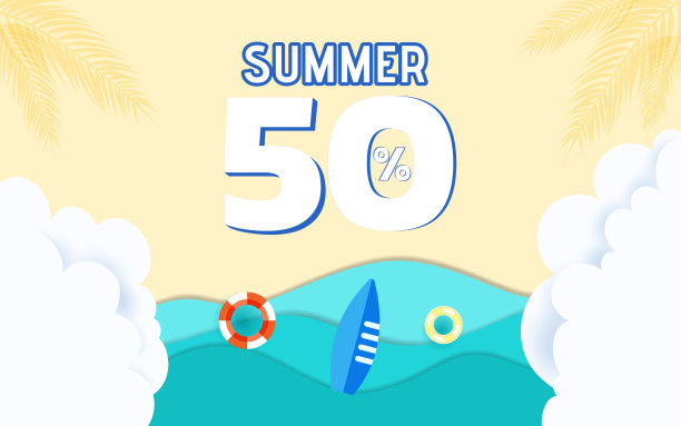 俯视图蓝色海浪纸和海滩销售广告设计。图片下载