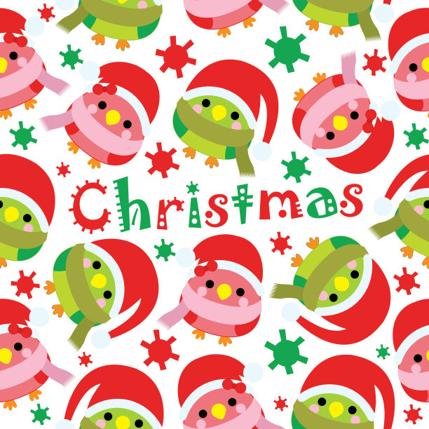 无缝背景的圣诞插图与可爱的鸟与圣诞老人的帽子在白色的背景适合圣诞小孩墙纸图片下载
