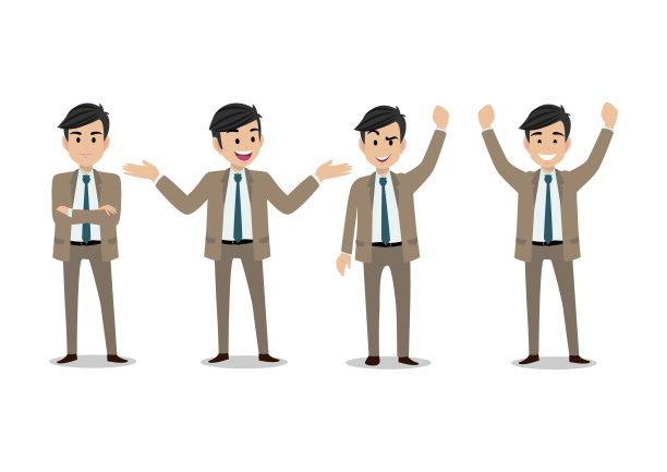 商人卡通人物，一组四个姿势。英俊的商人在办公室风格时髦的西装。矢量图图片下载