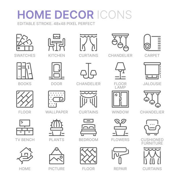 收集家居装饰相关的线图标。48 x48像素完美。可编辑的中风图片下载