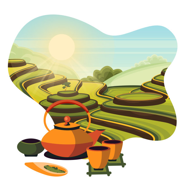 中国茶树梯田种植。日本茶道，矢量卡通插画。图片下载