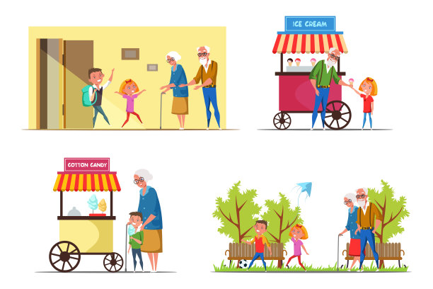 儿童与老年人平面矢量插图集图片下载