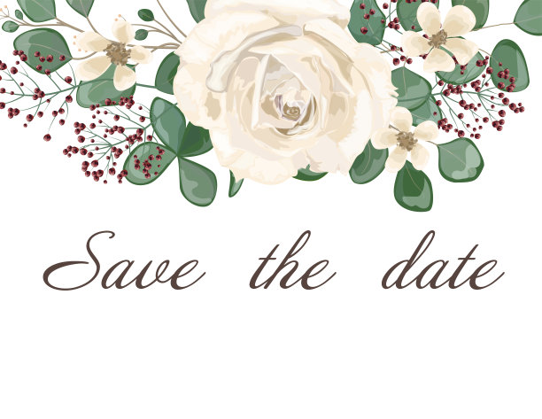 婚礼请帖叶与花，水彩，孤立上白。图片下载