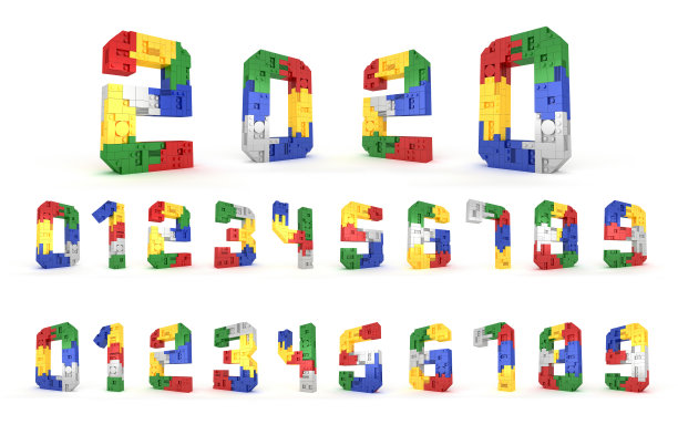 彩色数字块砖类型透视字体3d渲染在白色背景素材图片