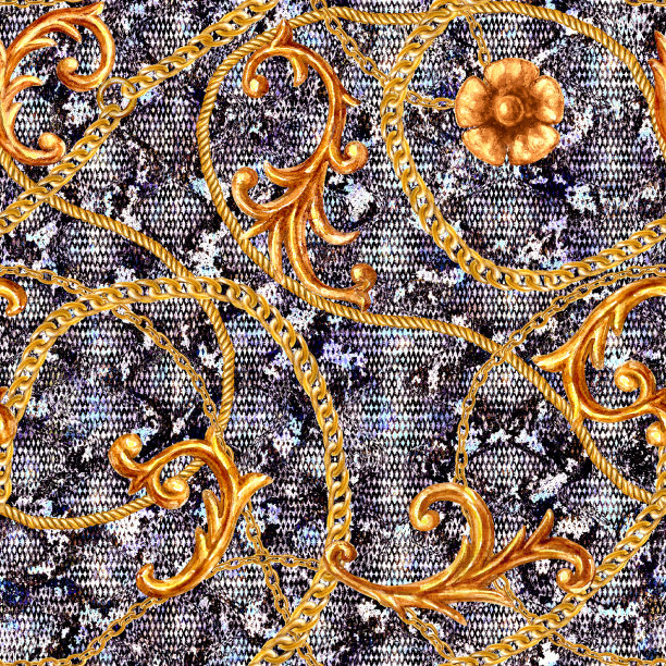 金色巴洛克链条魅力蛇皮无缝图案。水彩手绘时尚黄金和动物纹理图片下载