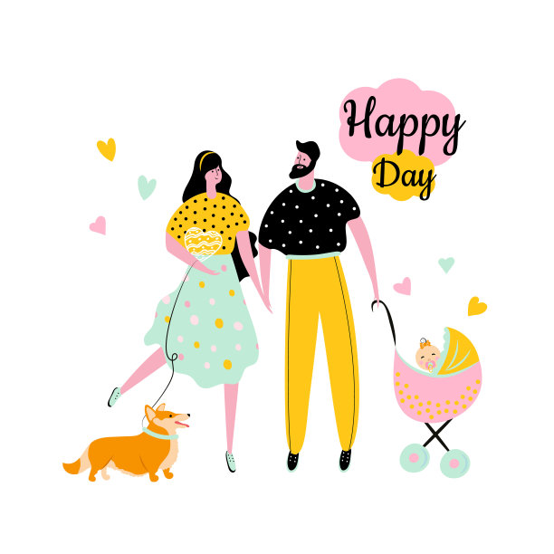 卡通风格的图标，一个快乐的男人和一个女孩在马车和柯基。可爱的人物与狗为婴儿淋浴设计卡。矢量插图。图片下载