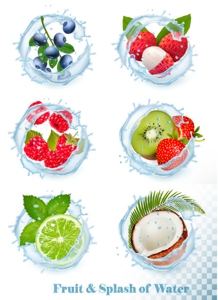 设置不同的水飞溅与水果和浆果。蓝莓，荔枝，覆盆子，猕猴桃和草莓，青柠，薄荷，椰子。向量集。图片下载