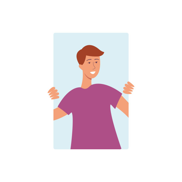 身穿紫色t恤的棕色头发男子微笑着从后面抓住窗户。图片下载