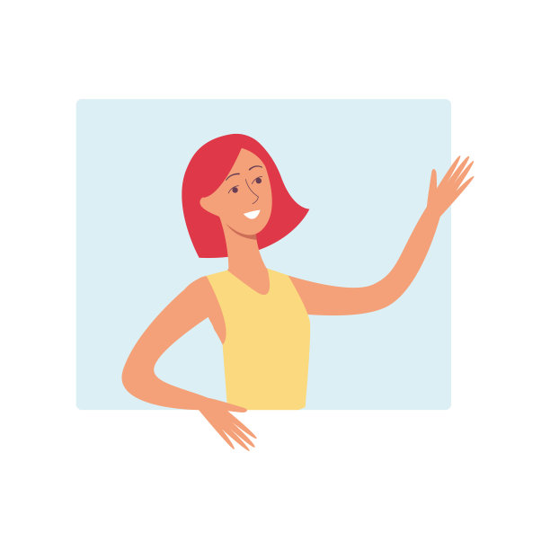 一位年轻迷人的红短发女子正微笑着在身后的窗口挥动着手臂图片下载