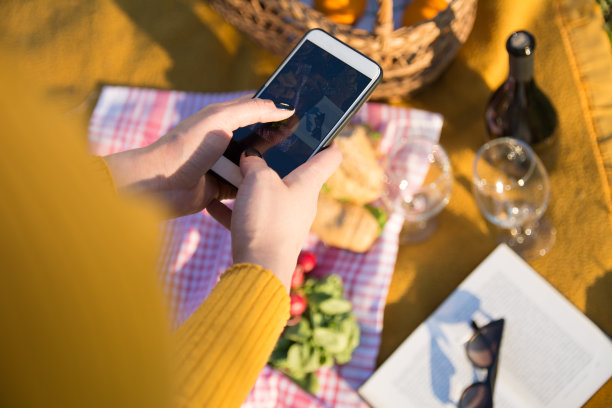 小女孩在夏天野餐时拍摄食物照片图片下载