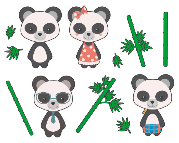 卡通造型可爱的大熊猫小熊女孩和男孩服装和竹子矢量插图图片下载