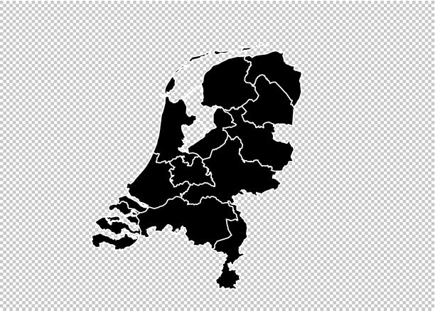 荷兰地图-高详细的黑色地图与国家/地区/荷兰。荷兰地图孤立在透明的背景。图片下载