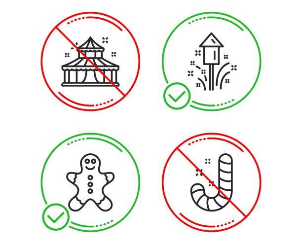 马戏团，姜饼人和烟花图标设置。糖果的迹象。向量图片下载