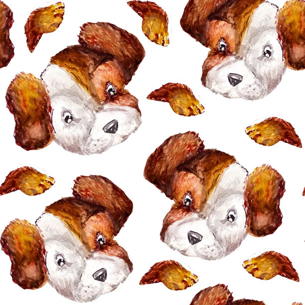 无缝狗水彩图案的小狗爪子和可爱的狗杰克罗素梗头在白色的背景包装，纺织品，壁纸和设计图片下载