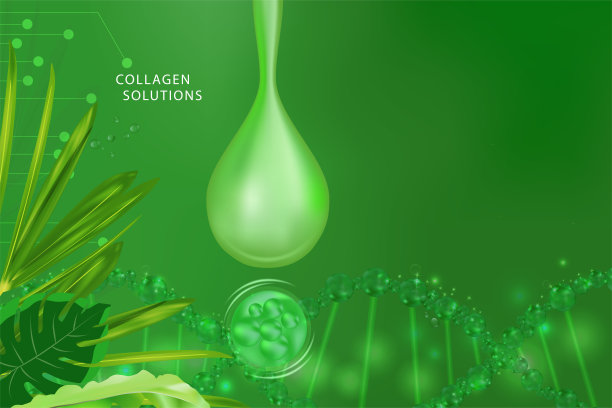 透明质酸皮肤液广告，绿色胶原蛋白血清滴与化妆品广告背景随时使用图片下载
